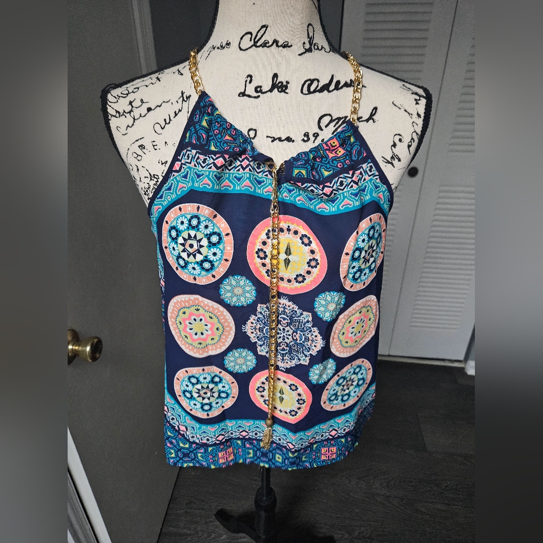 Mine Mandala Chain Neckline Sheer Tank Top